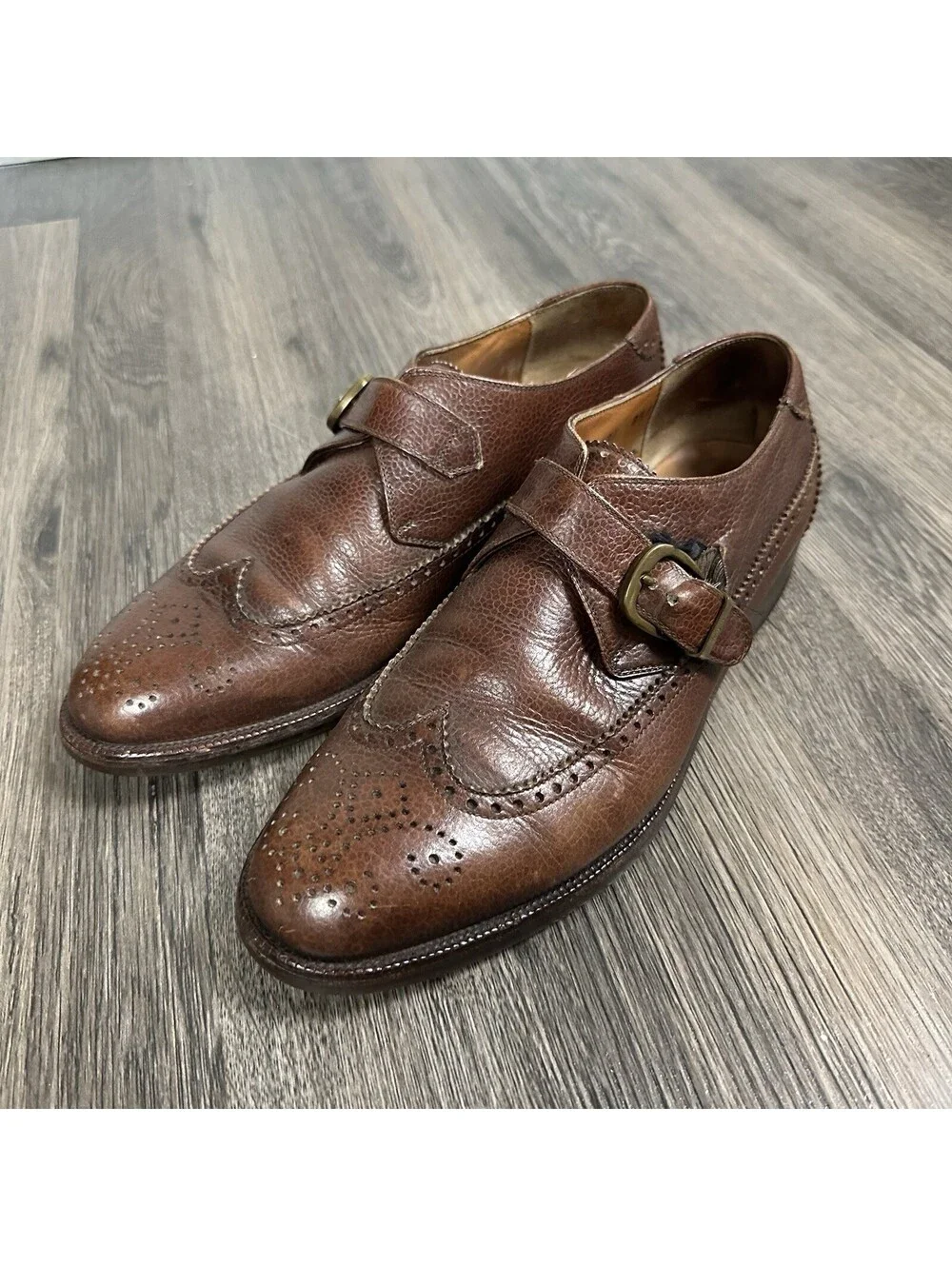 SALVATORE FERRAGAMO Leather Wing Tip Monk Strap Shoes Men 8.5 Cordovan ITALY